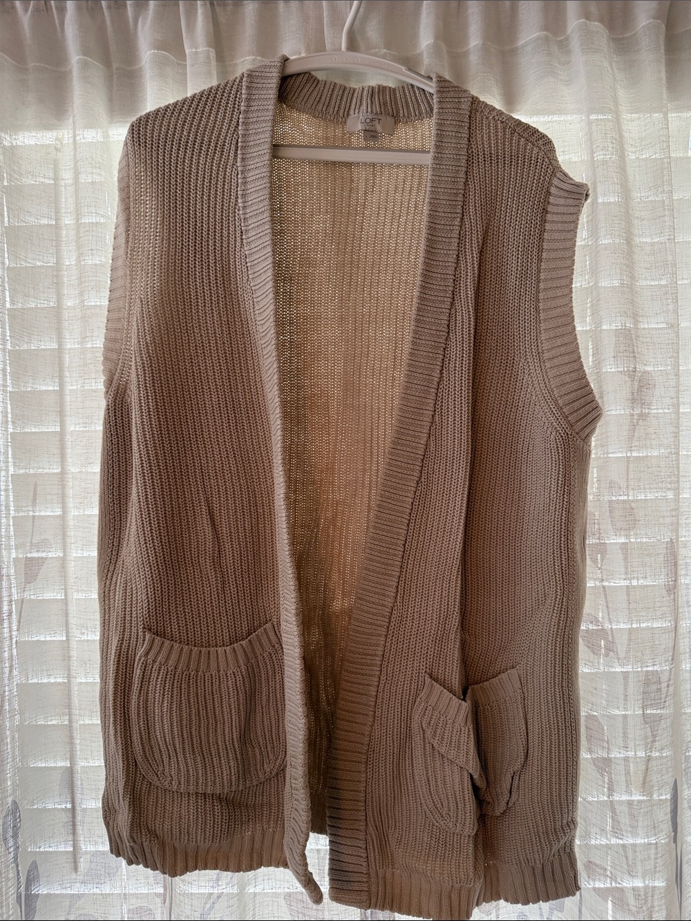 LOFT Taupe Open-Front Knit Sleeveless Vest